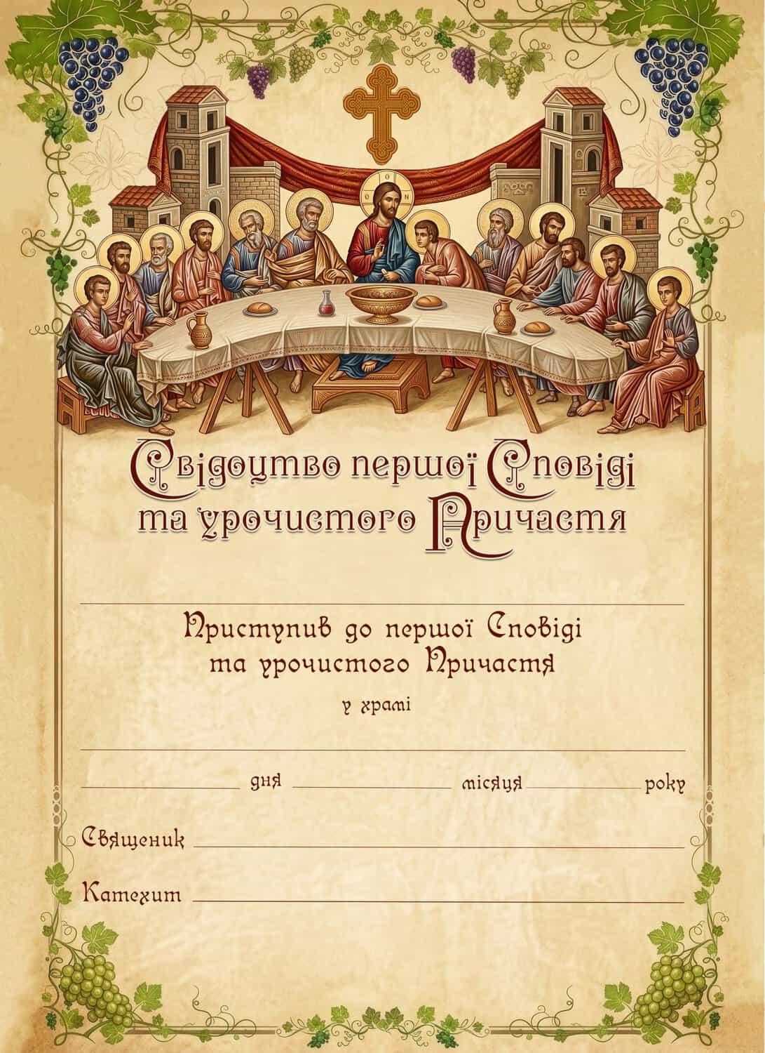 Свідоцтво першої Сповіді та урочистого Причастя для хлопчика